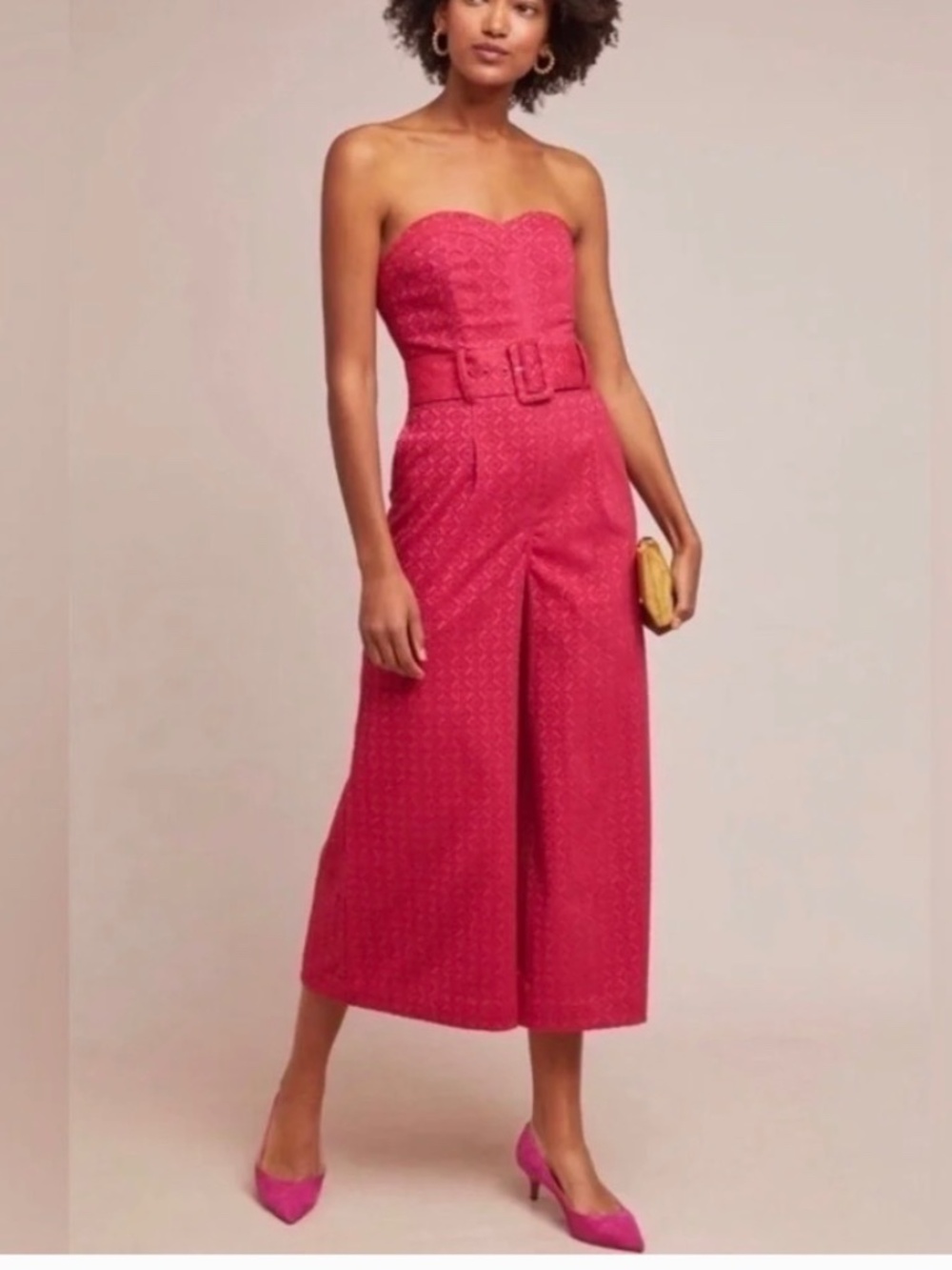 Anthropologie Ett Twa Haley Strapless Textured Jumpsuit Pink Jacquard Belted NWT